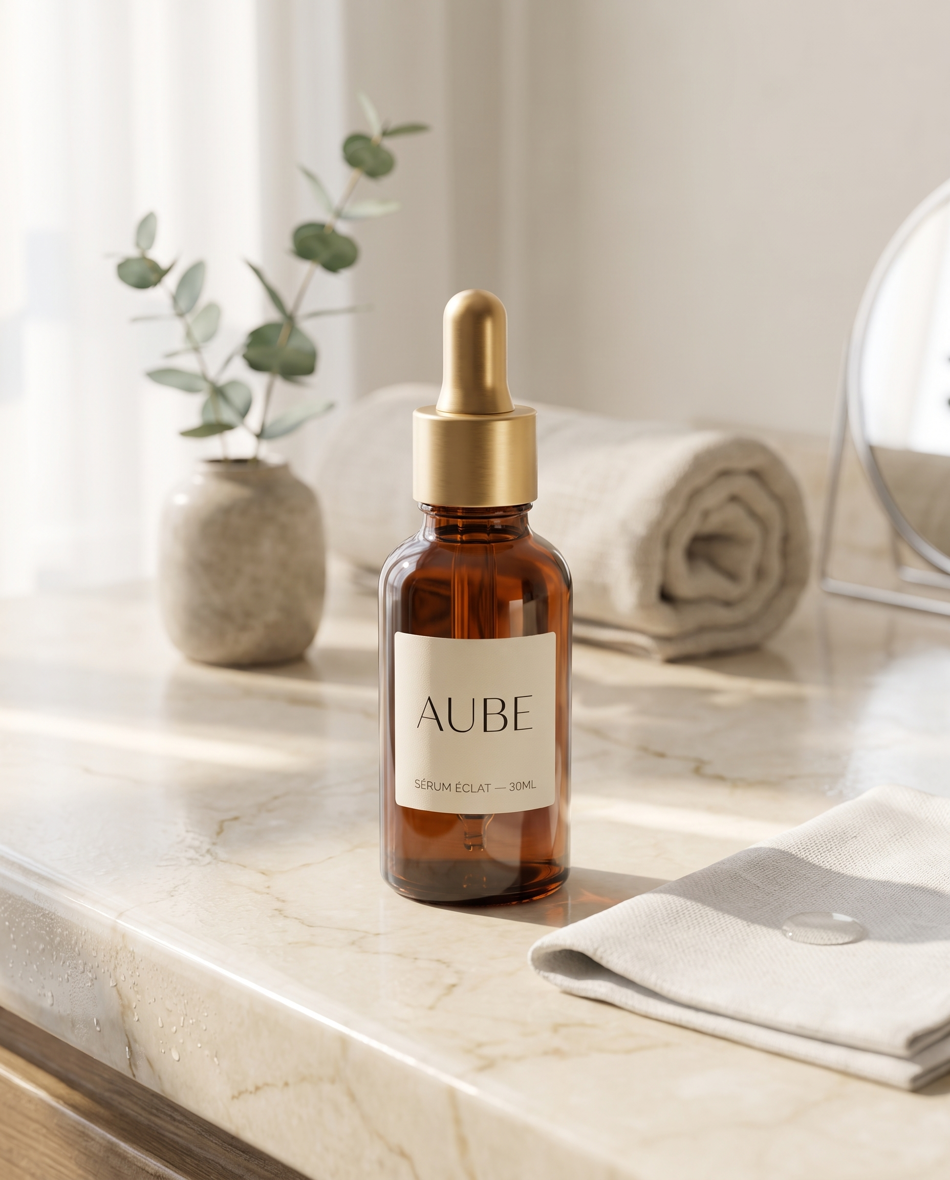 Sérum Aube sur un plan de salle de bain en marbre